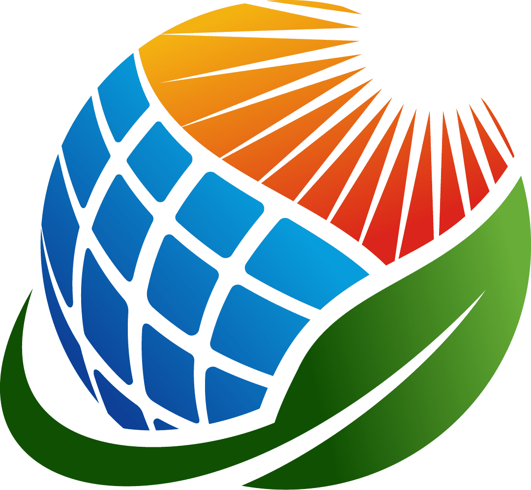 green-solar-logo An abstract logo featuring a globe with blue grid pattern, orange and red sunburst on top, and green leaf elements at the bottom.